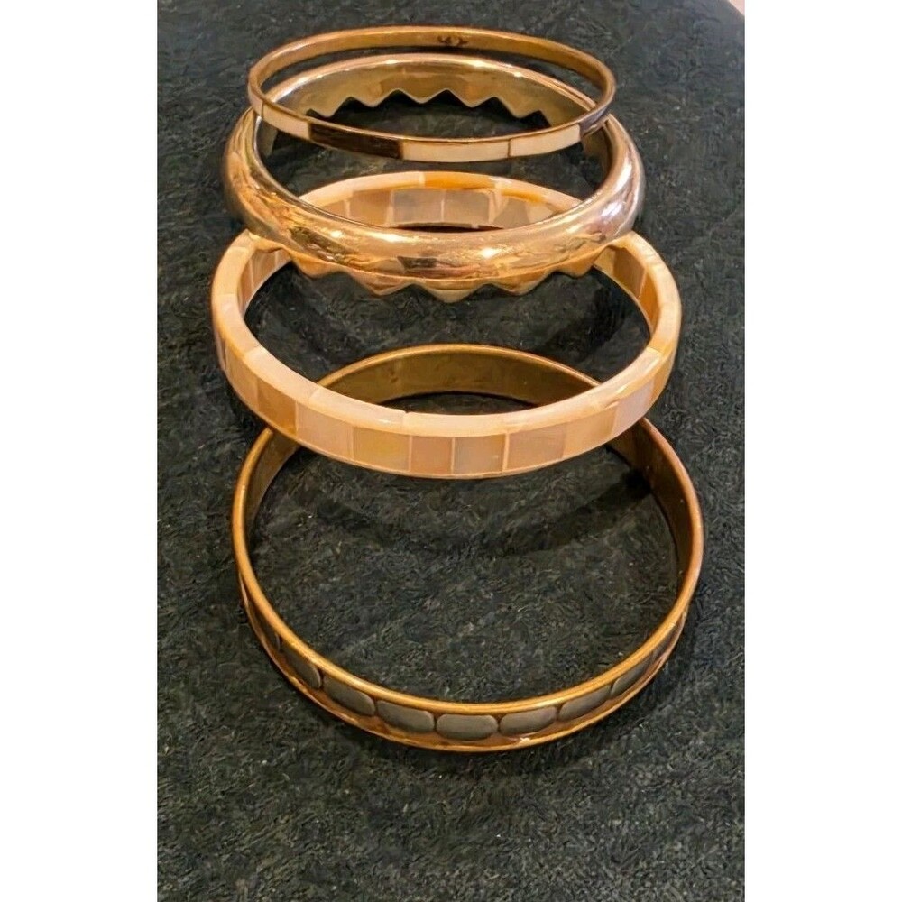 Vtg Brass Copper Mother of Pearl Shell Inlay Bangle Bracelets Lot Stacking Boho